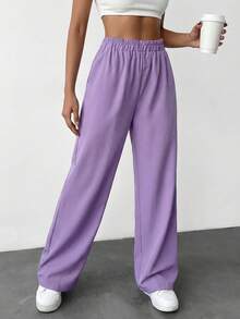 Solid Elastic Waist Straight Leg Pants - Lilac Purple - View 3