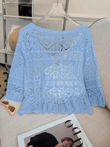 GlowEve Women's Lightweight Perforated 3/4 Sleeve Cardigan, Summer New Arrival - Baby Blue - View 2