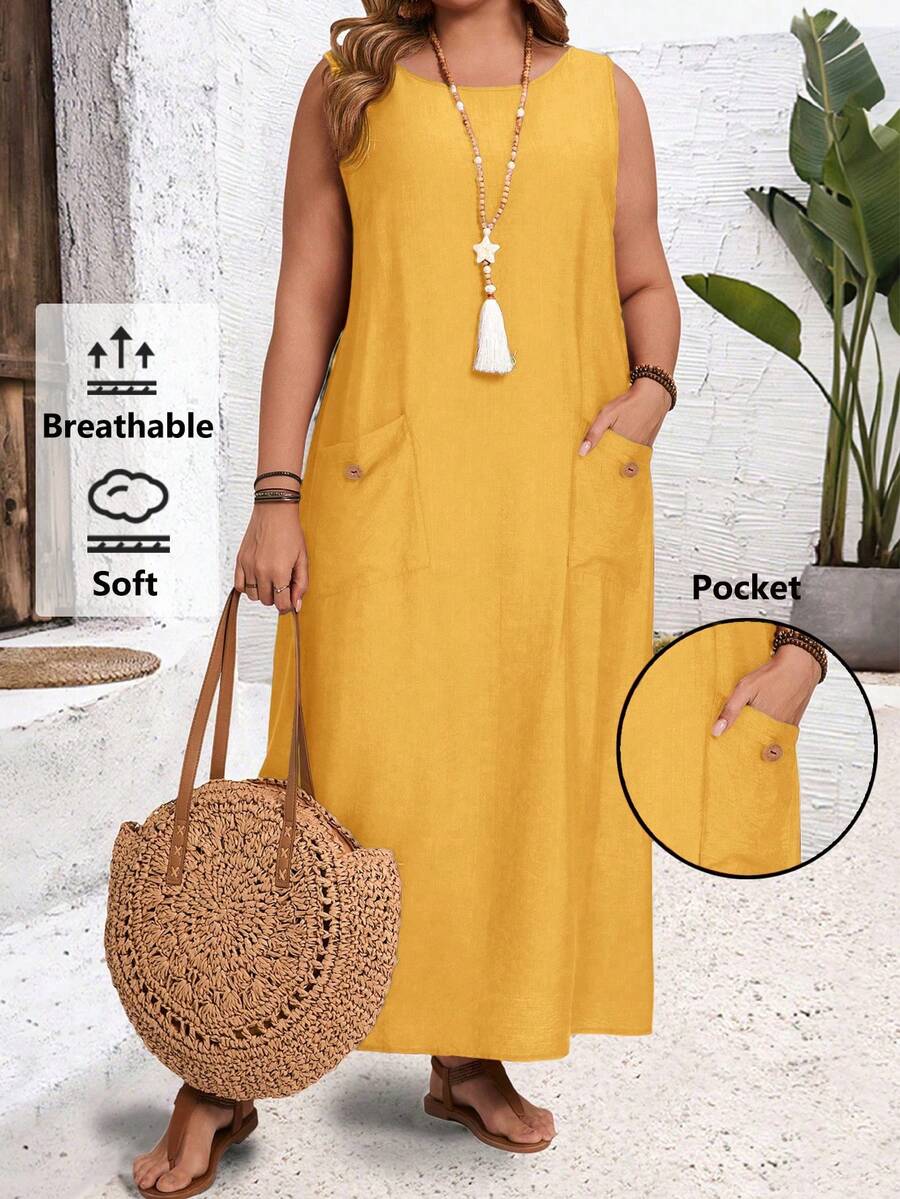 EMERY ROSE Plus Size Casual Solid Color Sleeveless Dress - Mustard Yellow - View 1