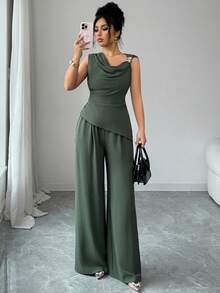 Elenzga 女士不对称金属扣吊带背心和高腰修身休闲裤两件套，优雅休闲度假春夏装扮 - 綠色 - 查看 5