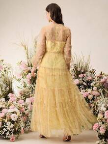 Anewsta 浅黄色圆领长袖无肩带半透明A字连衣裙，适合婚礼、生日派对、宴会等场合。 - 鵝黃色 - 查看 4