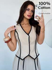 Firerie Women's Elegant Commuter Fitted Contrast Trim Waist 100% Cotton Shirt - Apricot - View 1