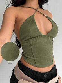 Aloruh Áo hở lưng cổ yếm màu trơn gợi cảm dành cho nữ, thích hợp cho mùa hè. - xanh quân đội - Xem 8