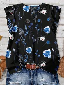 EMERY ROSE 大码女式休闲度假V领短袖碎花宽松衬衫，夏季度假装 - 彩色 - 查看 2