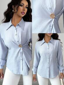 Modelyn Áo sơ mi dài tay nữ màu trơn, cài cúc phía trước, xếp ly, kiểu dáng thường ngày. - Màu xanh lam - Xem 2