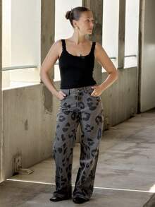 Kuleshova Women's Fashion Leopard Print Belted Casual Rhinestone Embellished Jeans - Dark Grey - View 6