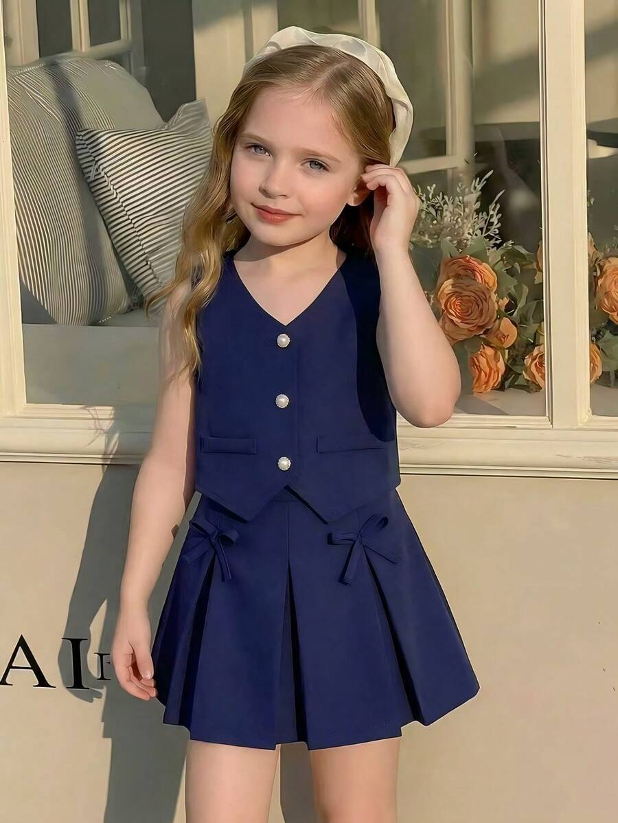 Souflis Souflis Conjunto de 2 piezas para niñas jóvenes: Chaleco sin mangas con botones de perla + Falda plisada con moño, color rosa dulce, estilo elegante de dama, atuendo casual de verano - Neblina azul - Ver 1