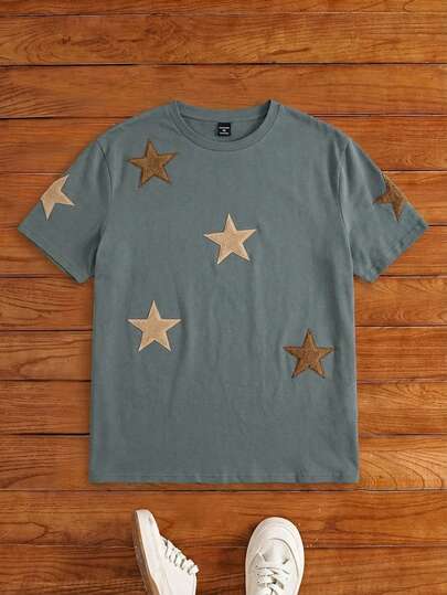 HIMLAND 男士休闲针织刺绣五角星插肩短袖T恤，适合日常穿着，星形T恤，男士T恤，星形衬衫，图案T恤