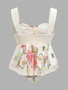 Travachic 女士度假休闲花卉刺绣网纱拼接系带吊带背心 - 彩色 - 查看 2