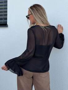 Jeta Ari Elegant French Chiffon Lantern Sleeve V-Neck Tie Front Loose Casual Blouse For Women, Autumn - Black - View 2