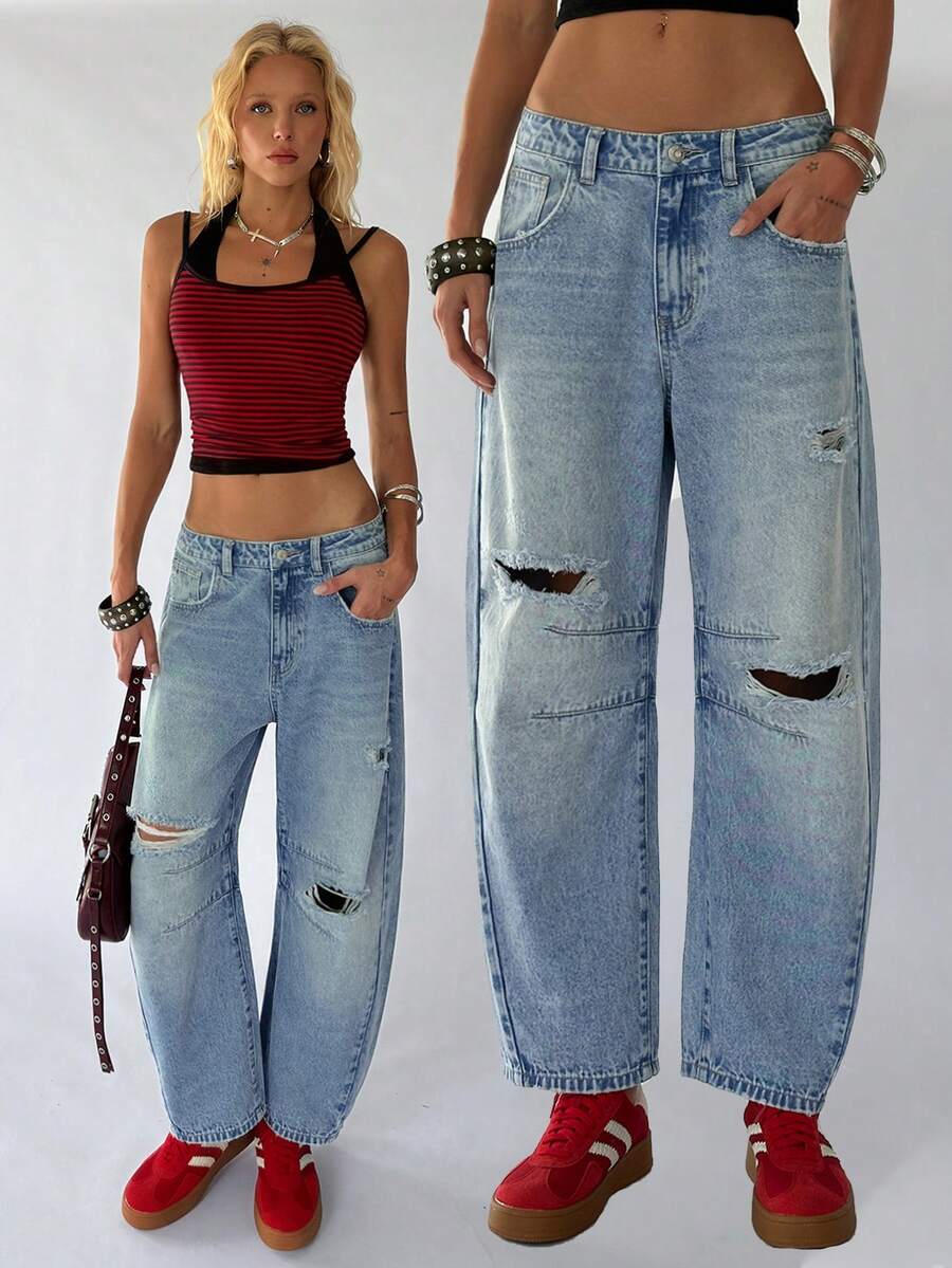 TRNVIE Women's Casual Washed Low-Waist Distressed Denim Jeans - Light Wash - View 1