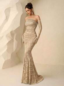 Coutiva Vestido de noche de alta gama para mujer con decoración de perlas falsas, vestido formal elegante para banquetes y fiestas - Albaricoque - Ver 5