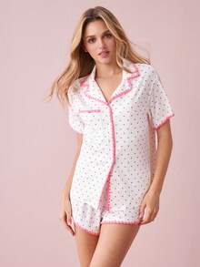 Bonmuse 全身心印花对比色睡衣套装 / 睡衣套装 白色套装 - 白色 - 查看 8