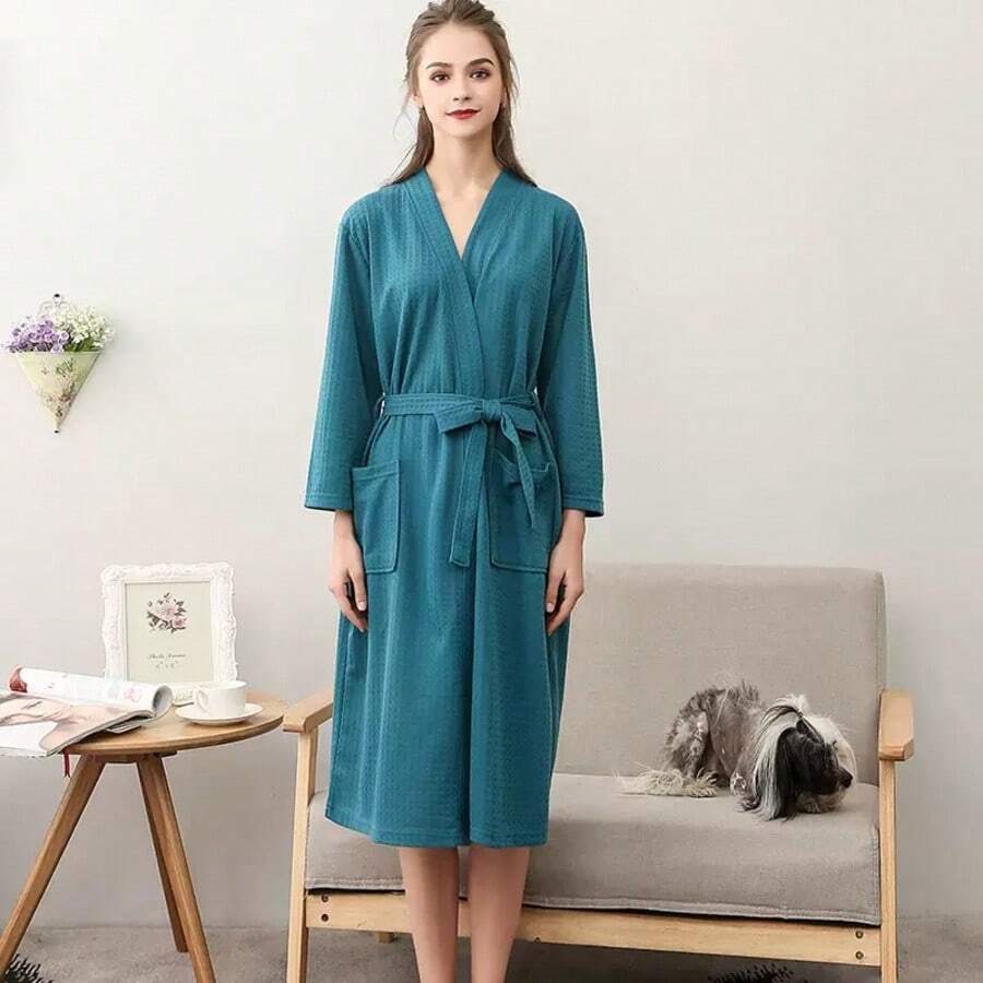 女士纯棉浴袍一件装 - 舒适华夫格针织和服式浴袍,柔软吸水,适合居家、水疗、酒店休闲穿着,情人节礼物 - 綠色 - 查看 1