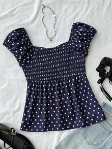 SHEIN Áo kiểu chấm bi buộc dây sau lưng, phong cách tối giản, thoải mái cho bé gái tuổi teen. - Màu xanh lam - Xem 2