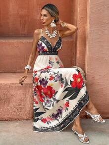 Selianne 女士优雅时尚通勤休闲舒适迷人复古简约浪漫假日无袖露背收腰褶皱显瘦数码印花长裙（随机印花） - 彩色 - 查看 5