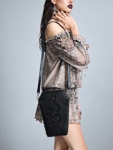 ROMWE Goth Túi đeo chéo hình quan tài bằng da PU màu đen họa tiết rắn dành cho nữ, hoàn hảo cho mùa tựu trường và các bữa tiệc. - màu đen - Xem 4