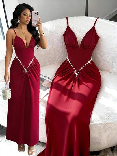 Rafferiza Đầm dài nữ cúp ngực, lưng chữ Y, đính ngọc trai, màu đỏ, thích hợp cho mùa xuân/hè, thời trang và gợi cảm, thanh lịch, gợi cảm cho kỳ nghỉ, trang phục mặc ngoài.