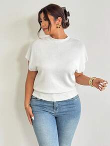 Firerie Plus Size Women Solid Color Batwing Short Sleeve Casual Knit Top Fall/Winter - White - View 4