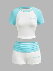 Slaydiva 新款春夏音乐节情人节复活节休闲简约基础款Y2K街头甜美畅销日常约会辣妹风性感运动风时尚圆领短袖露肩蓝袖白T恤+蓝色翻边腰头白色超短裤热裤白色撞色蓝运动套装辣妹英文印花女式两件套 -A - 藍白色 - 查看 12