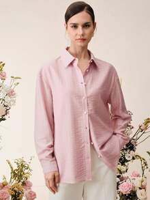 Anewsta Blusa elegante de vacaciones con bordado de mariposa beige para mujer, primavera/verano - Rosa vieja - Ver 5