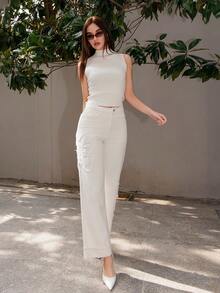 Bris Aura 女士新款时尚优雅刺绣情人节派对蓝色直筒牛仔裤 - 杏色 - 查看 1