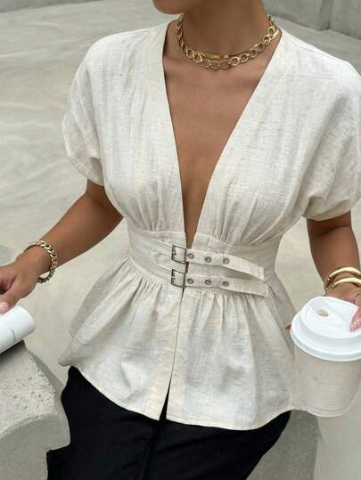 Aloruh Khaki V-Neck Short Sleeve Shirt, Elegant Business Casual Solid Top