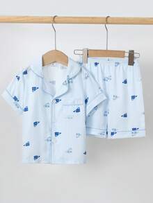 Young Boys Pajamas Set Summer Family Matching Button Front Short Sleeve Collar Shirt Short Pants Cartoon Car Blue White Striped Loungewear All Season - Blue and White - View 4
