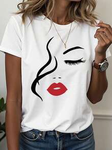 EMERY ROSE Camiseta de cuello redondo con hermoso estampado de rostro para mujer - Blanco - Ver 1