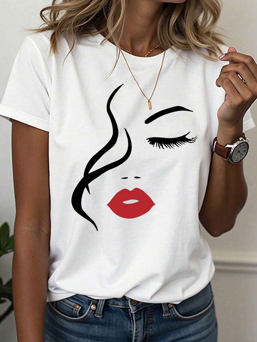 EMERY ROSE Camiseta de cuello redondo con hermoso estampado de rostro para mujer - Blanco - Ver 1