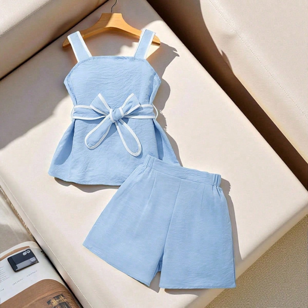 Conjunto de camiseta para niñas preadolescentes, conjunto de camisola negra con estilo para niñas preadolescentes con ribete blanco, diseño de cint