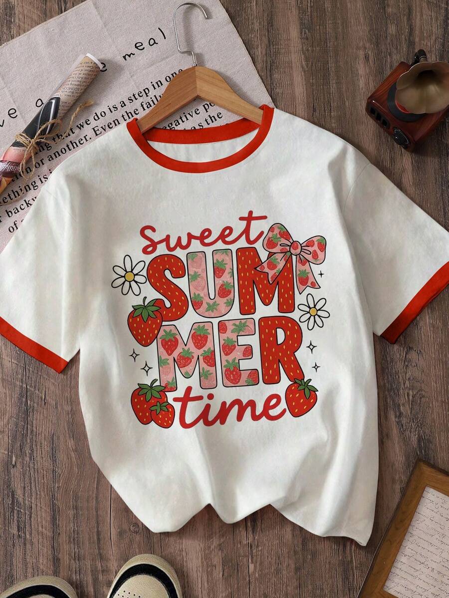 INAWLY Casual & Comfortable Colorblock Collar & Cuff, Strawberry & Bow Print Round Neck Women T-Shirt - White - View 1