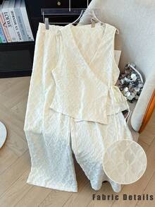 GlowEve CURVE Bộ đồ hè cỡ lớn 2 món, chất liệu vải dệt họa tiết, màu trơn, không tay, buộc dây. - trắng - Xem 1