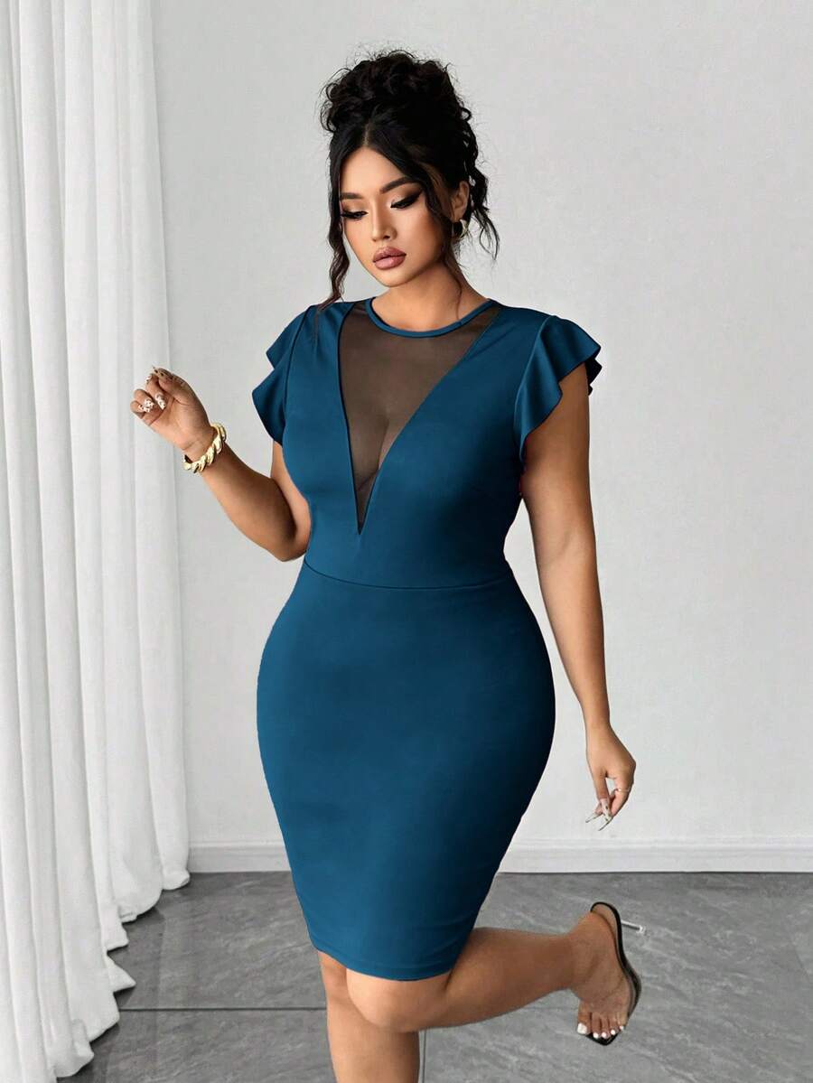 SHEIN Tall CURVE A Plus-Size Knitted Summer Fashionable And Elegant Dress - Teal Blue - View 1