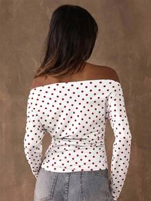 SHEIN BAE Áo thun dài tay thời trang nữ in họa tiết chấm bi, vai lệch, kiểu dáng bất đối xứng. - Đỏ và trắng - Xem 2
