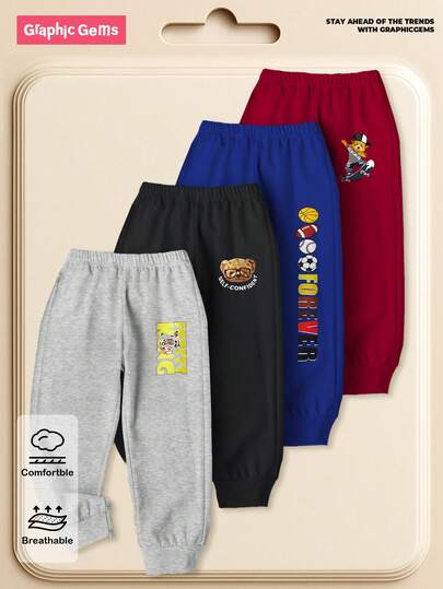 SHEIN GraphicGems 4件套男童休闲简约街头风小熊球印花裤，适合户外运动和日常穿着，蓝色、灰色、红色、黑色