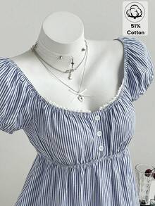 Elamini 女士蓝色舒适方领条纹短袖衬衫，适合海滩度假，休闲百搭，夏季女士休闲穿搭单品 - 藍色 - 查看 3