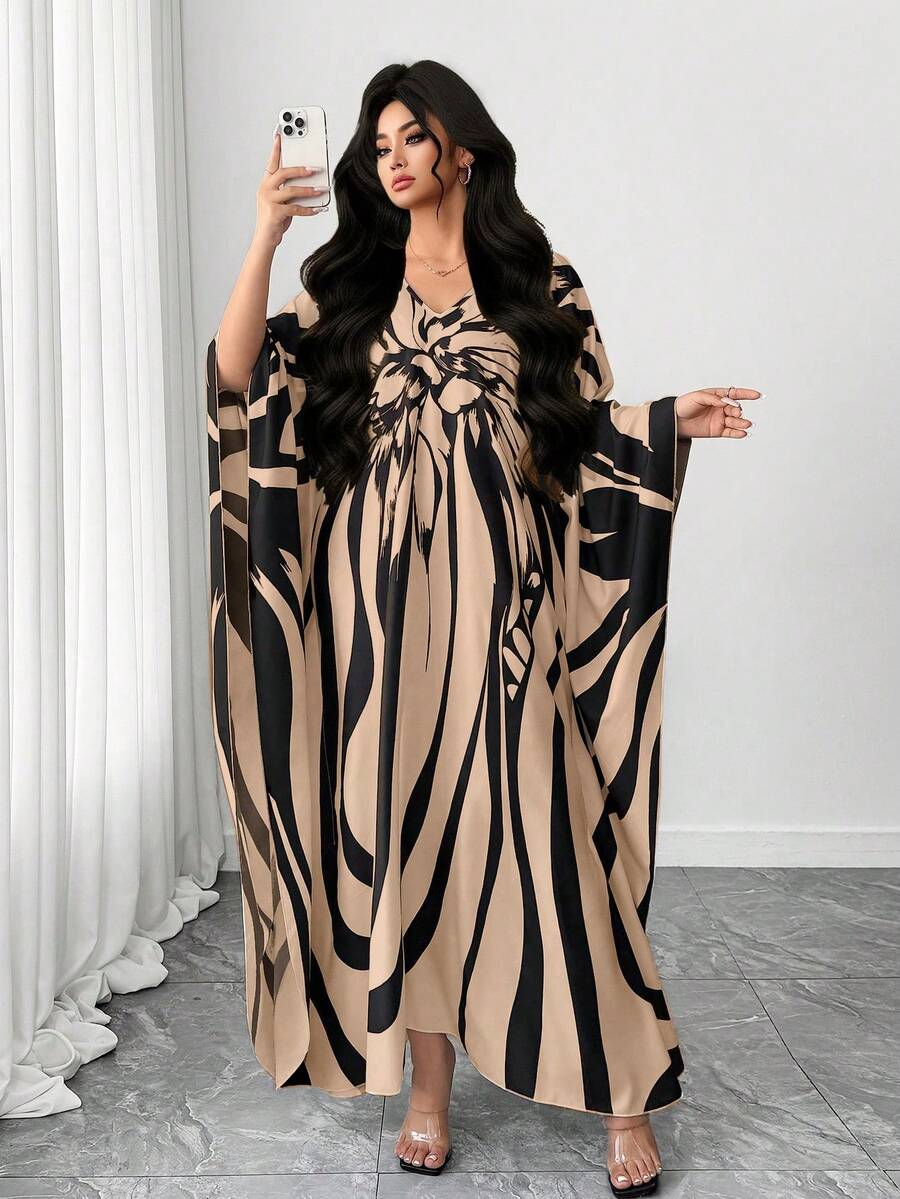SHEIN Elenzya Đầm Abaya tay cánh dơi cổ chữ V thanh lịch in hoa dành cho nữ cỡ lớn mùa xuân/hè. - Màu Khaki - Xem 1