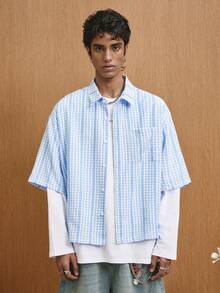 TOKVUE Blue And White Striped Gingham Mixed Cropped Shirt,Textured Oversized Boxy Cut Summer Streetwear,Vacation Essential For Men - Blue - View 5