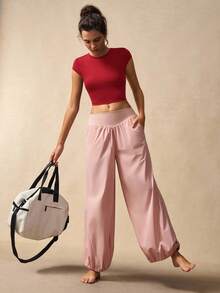 VARSIVA Solid Color Twist Back Round Neck Summer Sporty T-Shirt - Red - View 7
