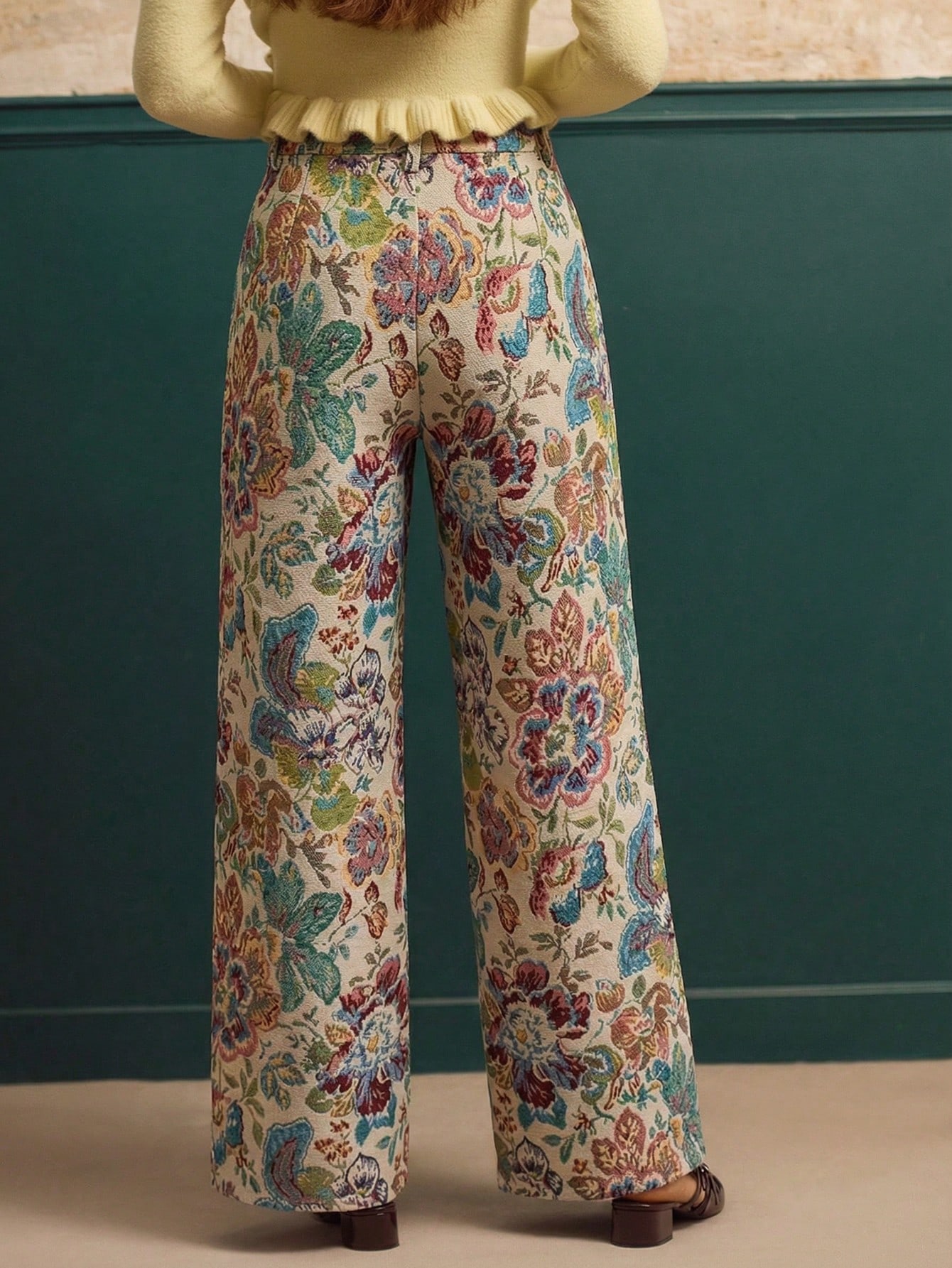 Vintage Style Floral Jacquard High Waisted Wide Leg Trousers Spring Summer Going Out