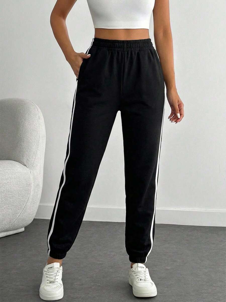 Contrast Tape Side Sweatpants For Spring & Autumn - Black - View 1