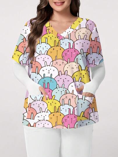 PopScrub Cute Rabbit Expression Design V-Neck Short Sleeve Scrub Top With Pockets & Ear Decor, Plus Size Uniform Shirt For Spring/Summer, Suitable For Easter & Daily Wear