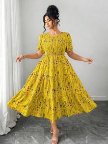 Elenzga Gaun A-Line Berlapis dengan Lengan Pendek Motif Bunga dan Pinggang Elastis untuk Wanita Ukuran Plus, Gaya Resor Elegan, Cocok untuk Musim Semi dan Musim Panas - Kuning - View 5