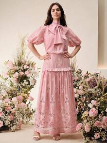 Anewsta Spring/Summer New Romantic Vacation Style Bowknot Hollow Embroidered Blouse + High Waist A-Line Hollow Embroidered Skirt 2-Piece Set For Women - Pink - View 7