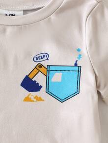 SHEIN GraphicGems 4件套男婴卡通汽车卡车印花短袖紧身连体衣和短裤套装，条纹灰米色，夏季休闲舒适家居服 - 彩色 - 查看 6