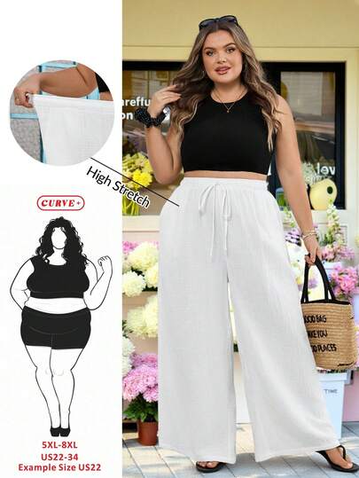 SHEIN CURVE+ Curve Size US22Music Festival, Seaside Vacation, BohemiaCurves /Chool Clothes/Back To School Clothes /Back To SchoolWomen 100% Cotton Casual Drawstring Straight Leg Pants