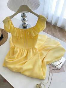 Franclia 法式时尚方领黄色连衣裙，短袖收腰优雅连衣裙，女士夏季连衣裙 - 淡黃色 - 查看 4