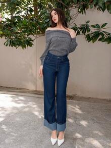 Bris Aura 女士休闲新款时尚经典蓝色直筒牛仔裤，带口袋 - 寶藍色 - 查看 3