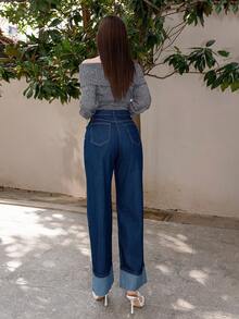 Bris Aura 女士休闲新款时尚经典蓝色直筒牛仔裤，带口袋 - 寶藍色 - 查看 4